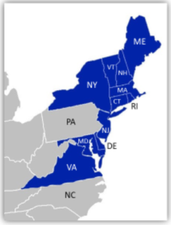 Map of states (new england and mid atlantic) that are part of the rggi